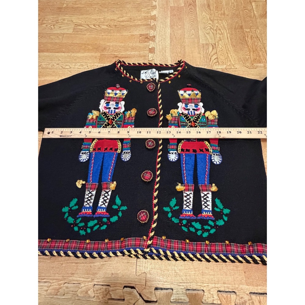 Michael Simon Vintage Nutcracker Christmas Cardigan Sweater Black Plaid Large - Picture 3 of 7